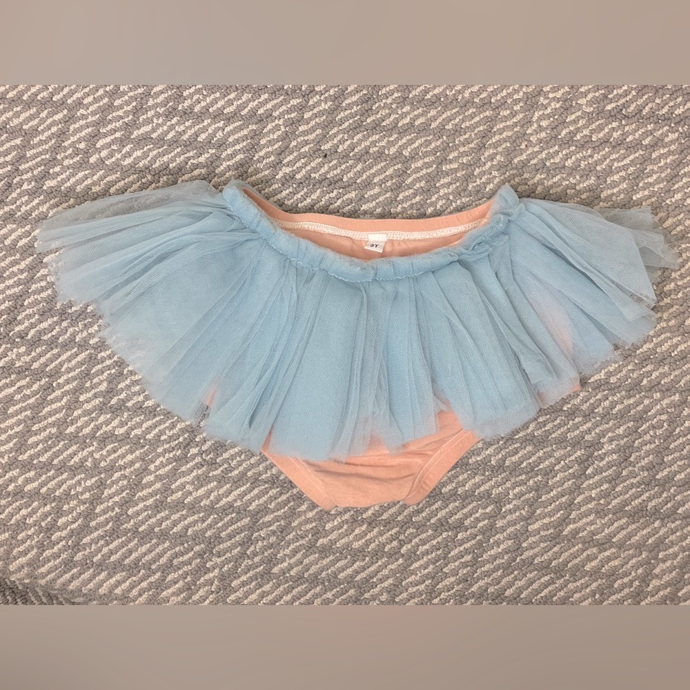 Wrare Doll Tutu Bloomers || Size 3T || Muted Pink Leo with  Blue Tulle Skirt